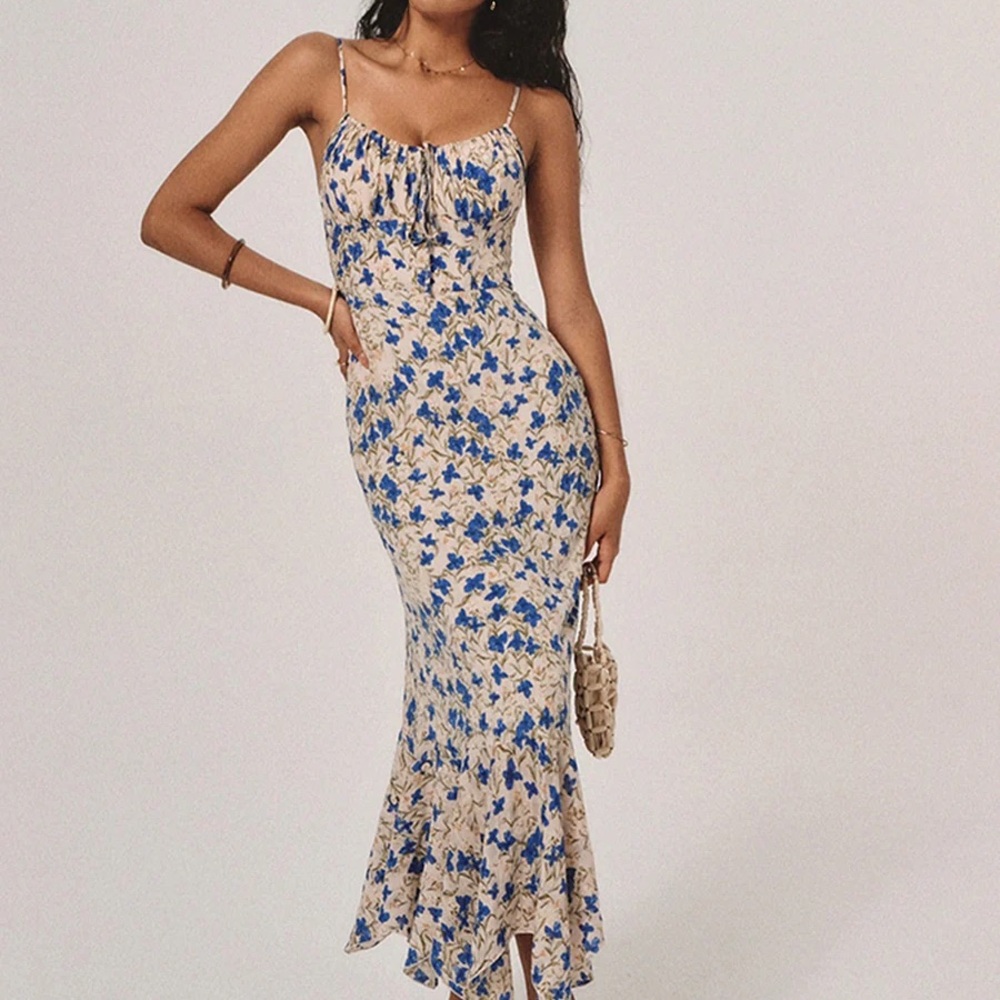 Commense Blue and Cream Floral Maxi Dress